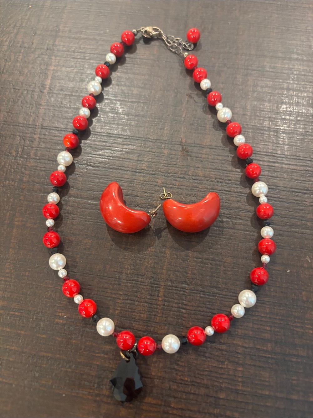 Emily Ray Sterling Silver 925 Beaded Red Necklace & Unmarked earrings
